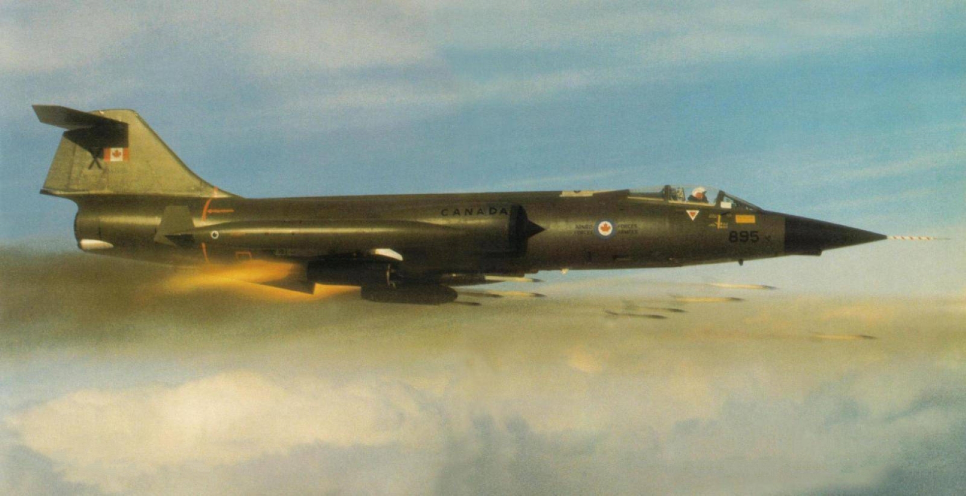Canadian Armed Forces CF-104 CRV-7 rocket firing near CFB Cold Lake, Alberta, Canada